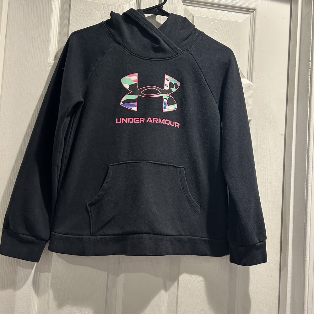 Under Armour Girls Youth Large (YLG) Black Fleece Pullover Hoodie Printed Logo
